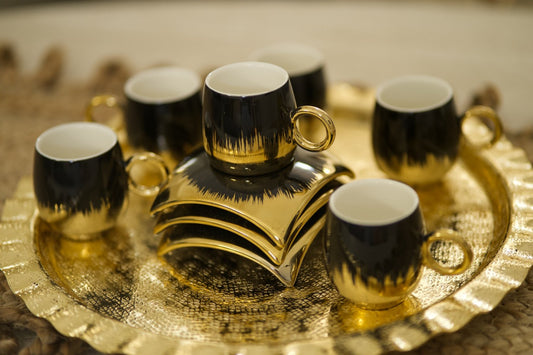 Black and gold coffee mug set with plates - طقم أكواب رمضاني حديث