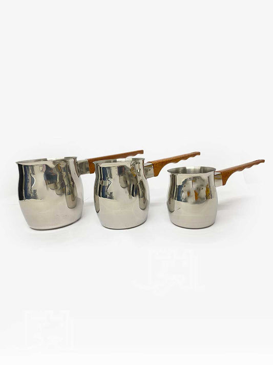 3 piece stainless steel coffee and milk warmer pot set  KTW 11 طقم وعاء تسخين القهوة والحليب من الفولاذ المقاوم للصدأ