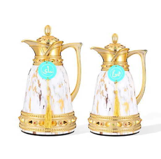 Gold / white marble Tea/coffee Thermal Carafe set. - ثلاجة قهوة و شاي