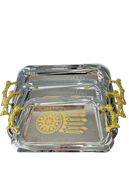 Stainless steel 3 piece serving tray set with gold handles - طقم صحون