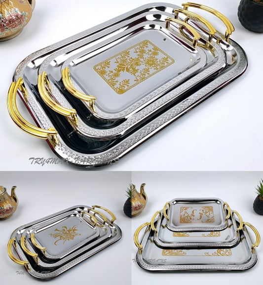 Stainless steel 3 piece serving tray set with gold handles - طقم صحون