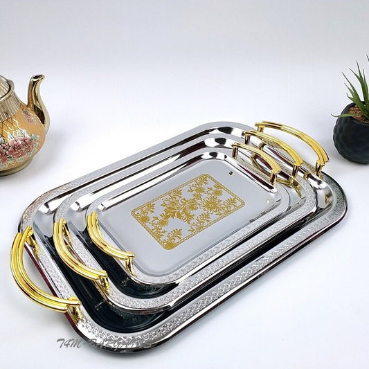 Stainless steel 3 piece serving tray set with gold handles - طقم صحون